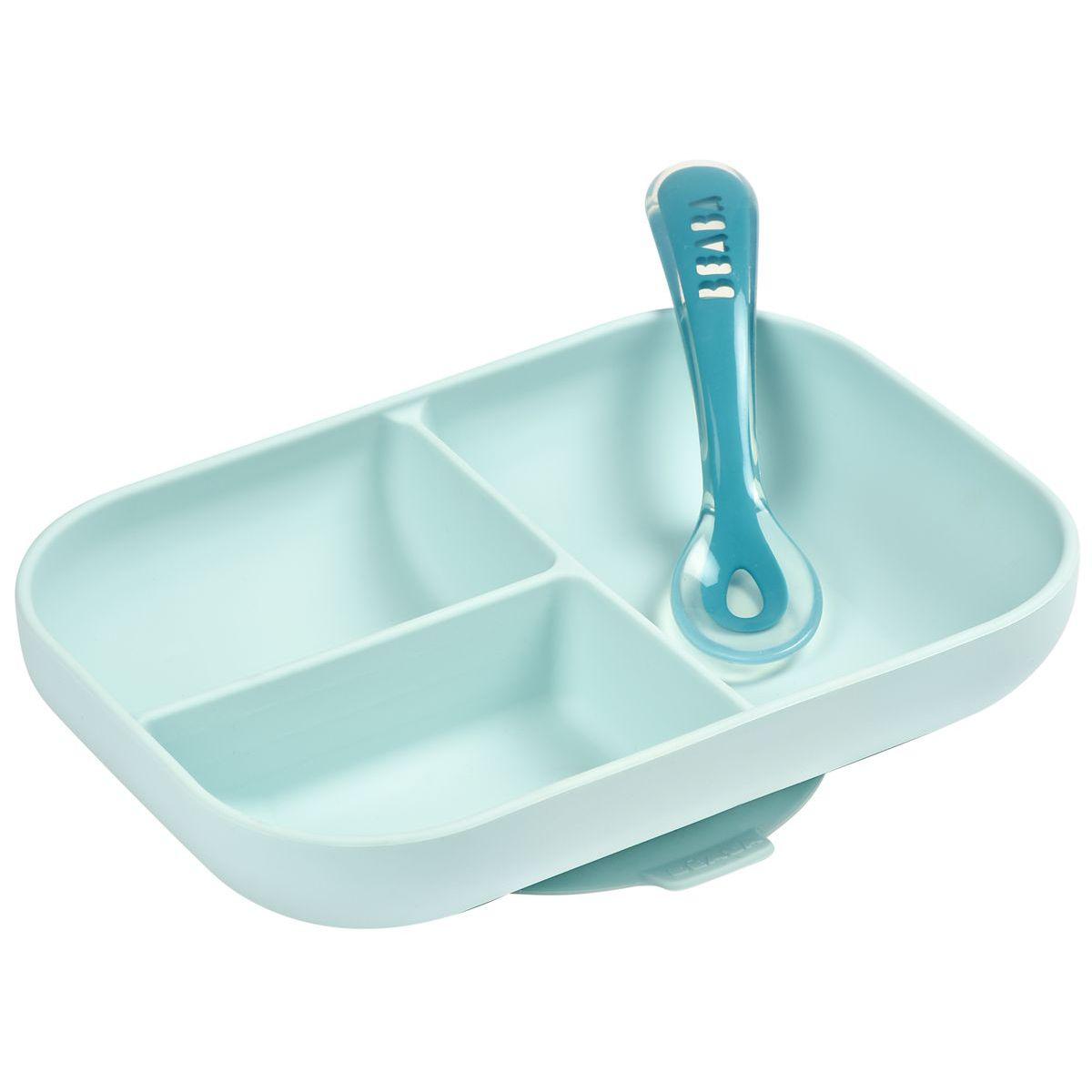 SET PLATO 3 COMP.+CUCHARA AZUL SILICONA