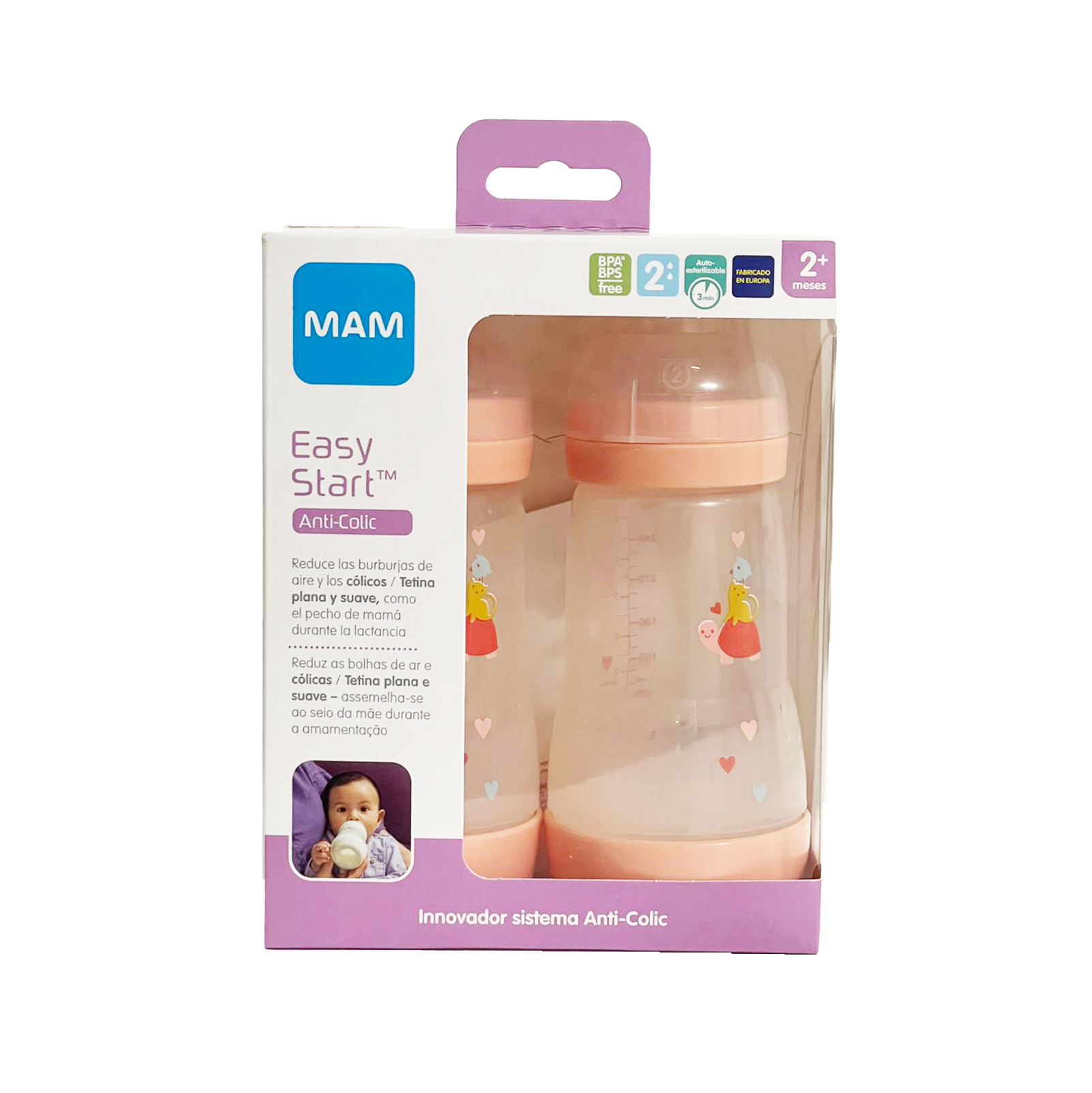 MAM PACK 2 BIBERONES ANTI COLIC 260ML ROSA