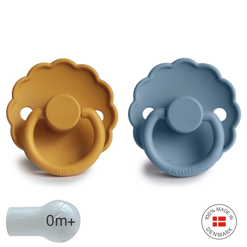 Pack 2 Chupetes FRIGG Block Silicona DAISY 0-6m Honey Gold/Glacier Blue