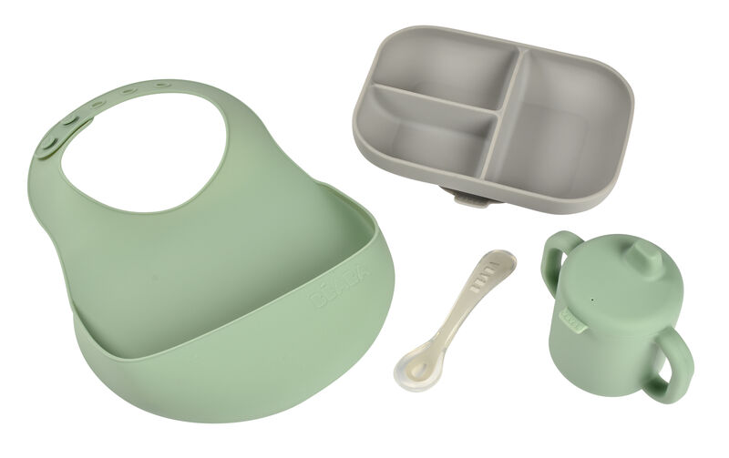 SET VAJILLA SILICONA 4 PZAS essentials GRIS/VERDE SAGE