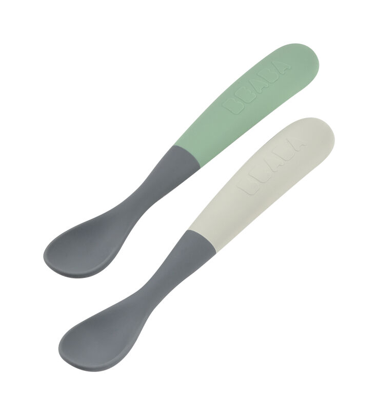 SET DE 2 CUCHARAS SILICONA+ESTUCHE PRIMERAS COMIDAS SILICONA  BICOLOR GRIS MINERAL+VERDE SALVIA