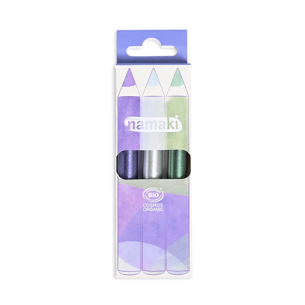 SET DE 3 LAPICES BRILLO VIOLETA-PLATA-VERDE CON PURPURINA