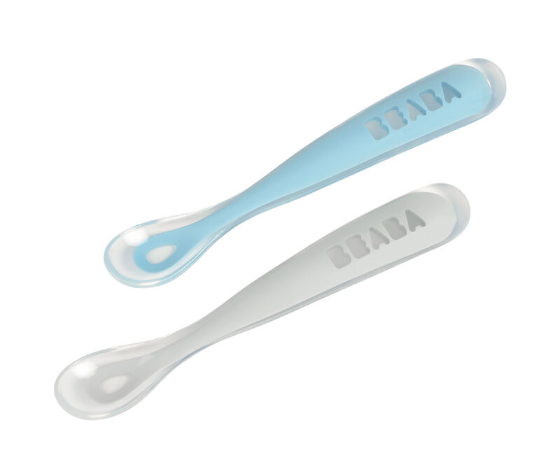 SET DE 2 CUCHARAS PRIMERAS COMIDAS SILICONA GRIS+AZUL