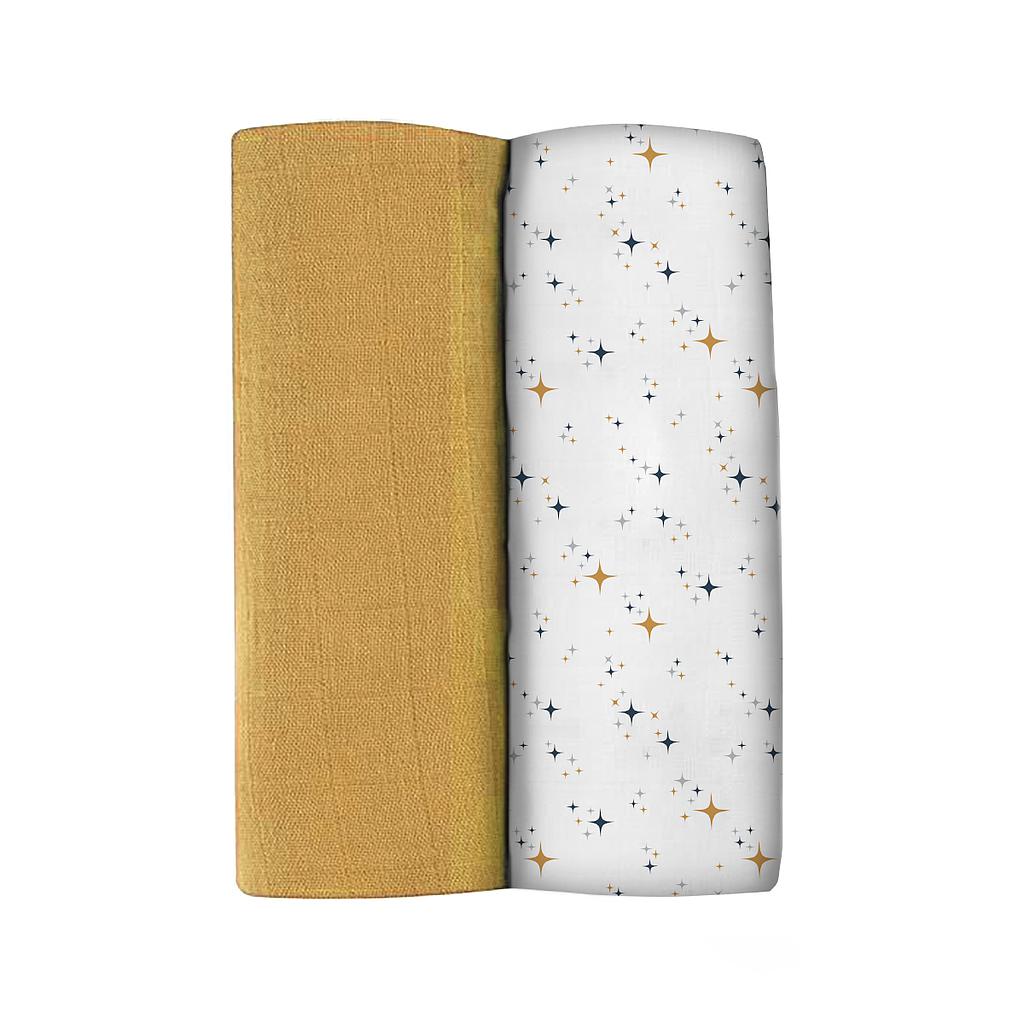 SET 2 MUSELINAS XL 120X120CM 100% ALGODÓN ORGÁNICO HONEY YELLOW / STARRY NIGHT
