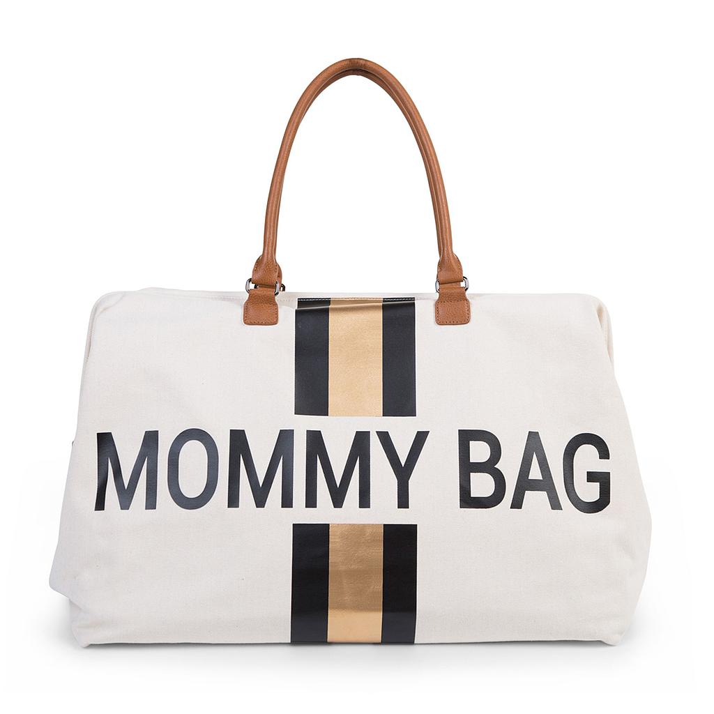 BOLSO MOMMY BAG GRANDE CRUDO RAYAS DORADAS/NEGRAS